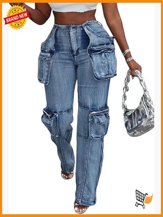Denim - High Waist Cargo Jeans with Side Zip Slit and Multi Pockets